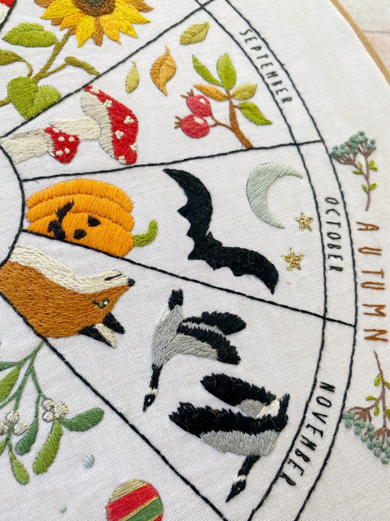 Wheel of the Year phenology wheel hand embroidery mini kit calendar pattern to embroider the months and seasons as hoop art image 6