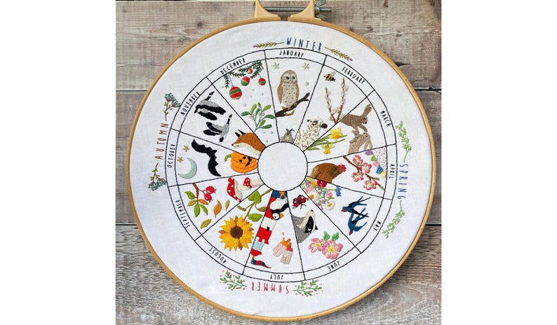 Wheel of the Year Embroidery Kit: Seasonal Calendar Hoop Art (PDF Pattern image 1