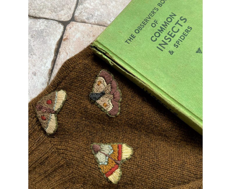 May include: A brown knitted sweater with three embroidered butterflies. The butterflies are in shades of brown, orange, yellow, and white. The sweater is lying on top of a green book titled "The Observer's Book of Common Insects & Spiders".