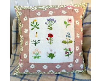 クッションカバーのPDF刺繍パターン、リネン枕カバーの植物柄デザイン