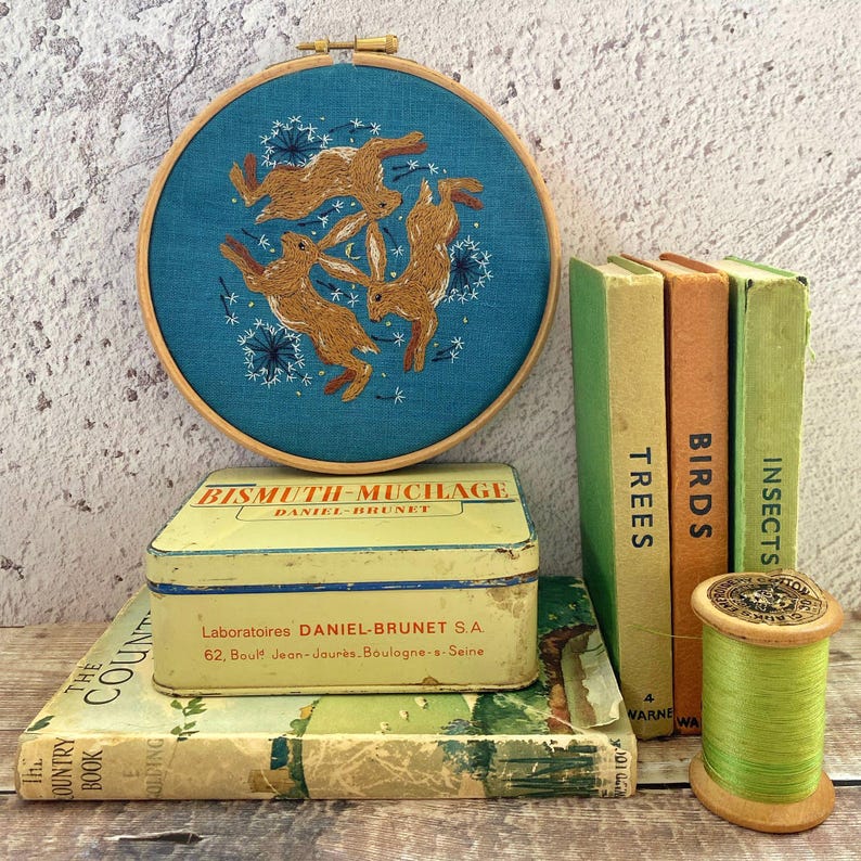 Pu&ograve; includere: Ricamo su telaio con tre lepri marroni su sfondo turchese. Accanto, libri vintage con i titoli "Trees", "Birds" e "Insects", una scatola di latta gialla e una bobina di filo verde.