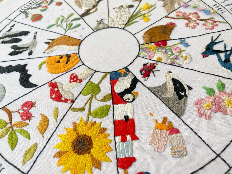 May include: Embroidered design of a circle with 12 sections, each representing a month of the year. Each section features a different embroidered image, such as a sunflower, a mushroom, a bat, a raccoon, a bird, and a lighthouse.