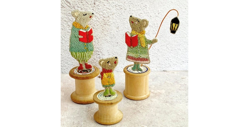 Christmas Carol Singing Bobbin Mice Mouse Family craft project hand embroidery digital pattern download image 1