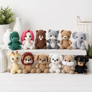 Modelli all'uncinetto 12 in 1 di piccoli animali senza cuciture / modello gattino, cucciolo, lontra, giraffa, leone, unicorno, elefante, coniglietto, coccodrillo, criceto