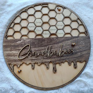 May include: A wooden round sign with a honeycomb design and the word "Grandbabies" written in cursive. The honeycomb cells are labeled with names like "George", "Agatha", "Elliot", "Salinger", "Tolkein", "Harper", and "Dickens".