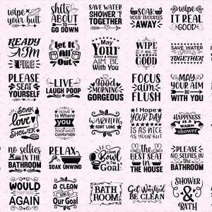 Puede incluir: Una colección de citas y frases en blanco y negro con temas de baño sobre un fondo rosa. Las citas incluyen frases como "Cepíllate los dientes", "Límpiate el trasero" y "Tira de la cadena".