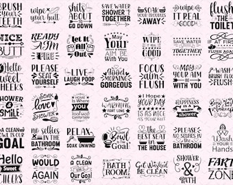 May include: A collection of black and white bathroom-themed quotes and phrases on a pink background. The quotes include phrases like "Brush Your Teeth," "Wipe Your Butt," and "Flush the Toilet."