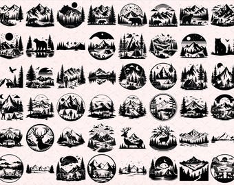 Waldlandschaft SVG Bundle: Bergszene, Waldland Silhouette (Digitaler Download)
