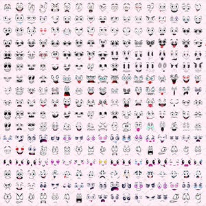 May include: A collection of cartoon face expressions in black and white. The faces display a variety of emotions, including happiness, anger, surprise, and sadness. The eyes and mouths are the most prominent features.