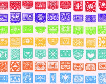May include: A collection of colorful papel picado banners in various designs. The banners feature intricate cut-out patterns and festive themes, including skulls, hearts, and floral motifs. The color palette includes red, blue, green, orange, and yellow.