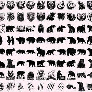 Puede incluir: Una colección de ilustraciones de osos en varias poses y estilos. Las imágenes incluyen caras de osos, siluetas y marcas de garras. Los diseños son en blanco y negro, adecuados para proyectos de diseño gráfico.