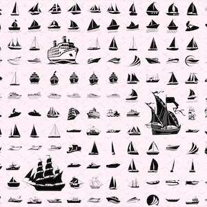 Op de afbeelding: Een verzameling zwart-wit illustraties van boten, waaronder zeilboten, jachten en schepen. De afbeelding toont diverse ontwerpen, van eenvoudige silhouetten tot gedetailleerde afbeeldingen van vaartuigen, geschikt voor nautische projecten.