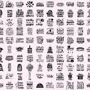 Puede incluir: Una colección de diseños de cocina en blanco y negro con varias citas e ilustraciones. Los diseños incluyen frases como "Eat Drink and Be Happy", "Kitchen Rules" y "Bakers Gonna Bake". Ideal para la decoración de la cocina.