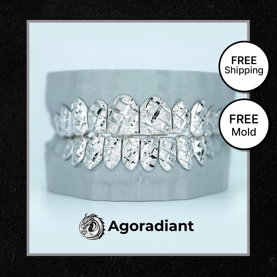 Solid Grillz | Custom Diamond Cut & Dust Silver Teeth Jewelry | Dental Grillz | Free Molding Kit + Shipping | Gift for Rapper | Hiphop bling