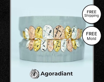Solid Tricolor Grillz | Custom Gold Silver Dental Teeth Jewelry | Diamond Cut | Free Molding Kit & Shipping | Gift for Rapper | Hiphop bling