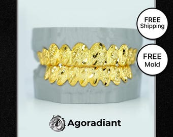 Gold Grillz | Custom Nugget Cut | Diamond Dust Teeth Jewelry | Dental Grillz | Free Molding Kit & Shipping | Gift for Rappers | Hiphop bling