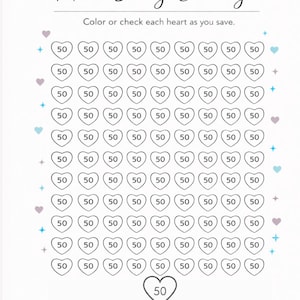 May include: A savings chart titled "$5,000 Savings Challenge" with heart-shaped boxes, each marked with 50. The goal is $5,000. The instructions read "Color or check each heart as you save." The chart is designed to track savings progress.