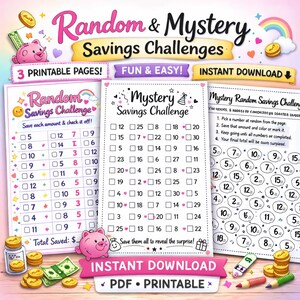 Può includere: Sfide di risparmio stampabili con il testo "Random & Mystery Savings Challenges". L'immagine presenta tre pagine con caselle per tenere traccia dei risparmi, insieme a illustrazioni di monete, contanti e un salvadanaio. Il testo "Download istantaneo" è visibile.