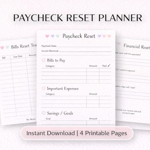 Gehaltsscheck Zurücksetzen Haushaltsplaner | Bills Tracker, Ersparnisse Ziele (PDF Download)