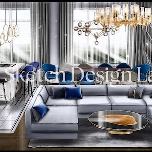 Interior Design Sketch, Interior Sketch, Design Drawing, Interior Illustration