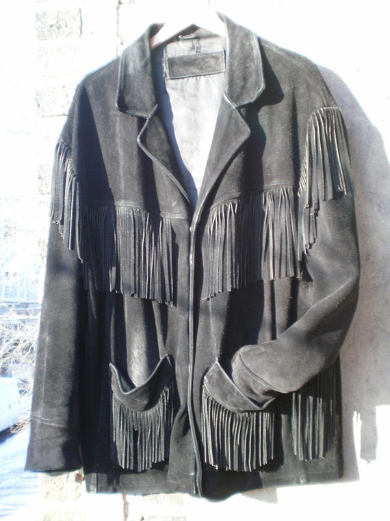 Items similar to LEATHER FRINGED 80's ROCKER JACKET BLACK MEN's on Etsy