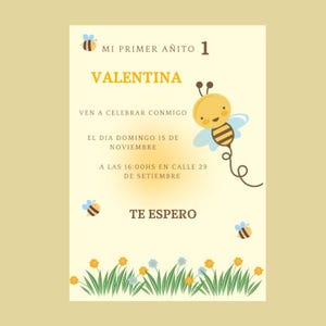 Modello Canva modificabile per un biglietto d'invito per bambini a tema api.