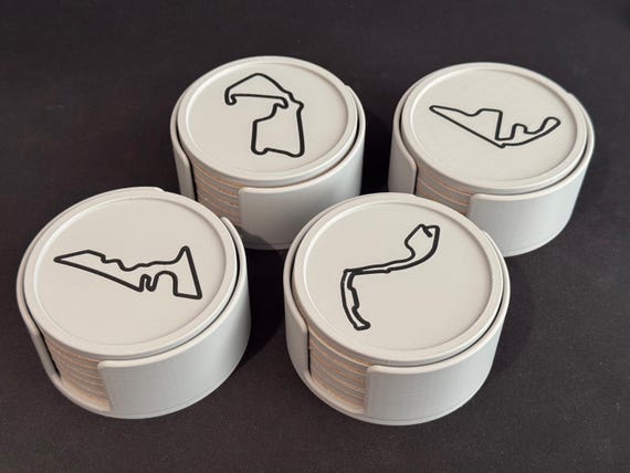 F1 Inspired Race Track Circle Drinks Coasters with Cork Base and Holder - 3D Printed