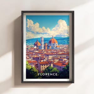 Puede incluir: Impresión artística enmarcada de Florencia, Italia. La ilustración detallada muestra el horizonte de la ciudad, con el Duomo y otros edificios, bajo un cielo azul. Incluye el texto "FLORENCE ITALY".