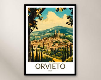 May include: A vintage travel poster featuring a colorful illustration of the Italian town of Orvieto, with a hilltop church and surrounding buildings. The poster has a blue sky with white clouds and green trees in the foreground.