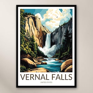 Yosemite Vernal Falls Travel Poster Wall Art Print, United States Poster Home Decor Gift, North America Illustration Wall Art