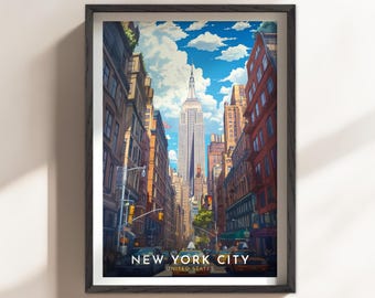 May include: Framed art print of New York City street scene. The Empire State Building is centered, with buildings lining the street. The sky is blue with fluffy white clouds. The text "NEW YORK CITY UNITED STATES" is at the bottom.
