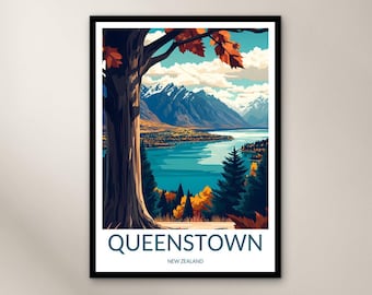 Queenstown Travel Poster Wall Art Print, New Zealand Poster Home Decor Gift, Oceania Illustration Wall Art