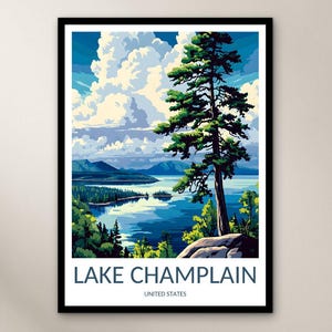 Lake Champlain Travel Poster Wall Art Print, United States Poster Home Decor Gift, North America Illustration Wall Art