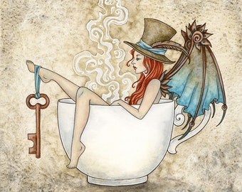 SIGNED 8x10 PRINT Steam Bath teacup fairy steampunk by Amy Brown