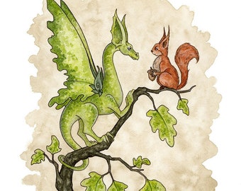 SIGNED 8x10 PRINT Oak Tree Encounter dragon and squirrel by Amy Brown