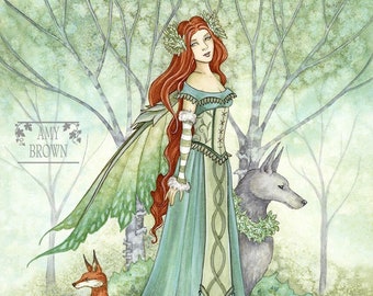 SIGNED 8x10 PRINT Woodland Guardians fox wolf fairy by Amy Brown