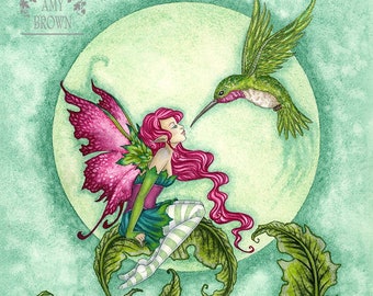 SIGNED 8x10 PRINT Flirting fairy and hummingbird by Amy Brown