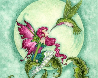 SIGNED 8x10 PRINT Flirting hummingbird and fairy by Amy Brown