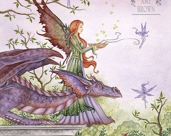 SIGNED 8x10 PRINT Lake Spell dragon fairy by Amy Brown