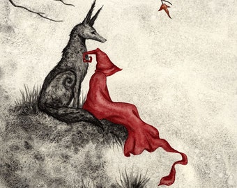 SIGNED 8x10 PRINT Last Leaf Red Riding Hood wolf by Amy Brown