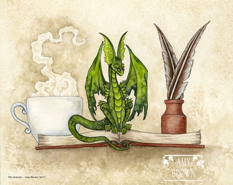 SIGNED 8x10 PRINT The Scholar dragon bookworm by Amy Brown