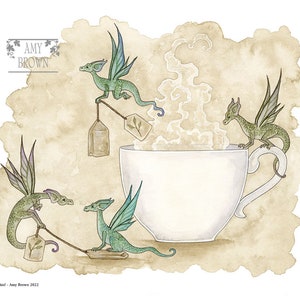 SIGNED 8x10 PRINT Kitchen Mischief teacup dragons by Amy Brown