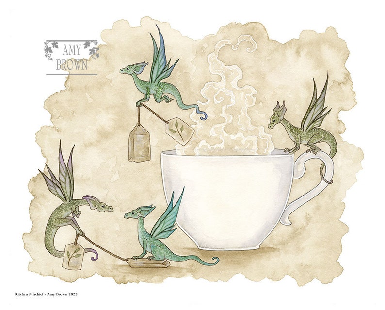 SIGNED 8x10 PRINT Kitchen Mischief teacup dragons by Amy Brown image 1
