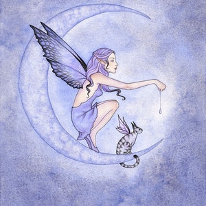 SIGNED 8x10 PRINT Once In A Blue Moon cat fairy by Amy Brown