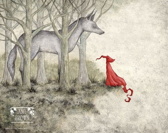 SIGNED 8x10 PRINT Little Red riding hood wolf by Amy Brown