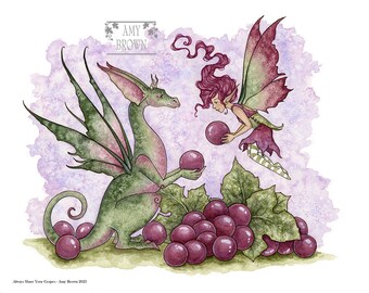 SIGNED 8x10 PRINT Always Share Your Grapes dragon and fairy by Amy Brown