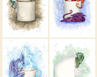 SIGNED 5x7 PRINT SET coffee dragons by Amy Brown