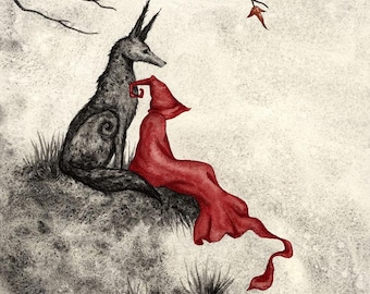 8x10 signed print red riding hood and wolf by Amy Brown