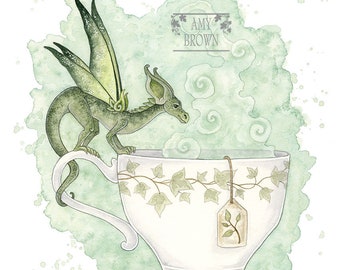 SIGNED 8x10 PRINT Green Tea Dragon by Amy Brown