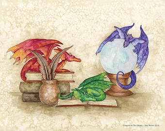 SIGNED 8x10 PRINT Dragons In The Library by Amy Brown